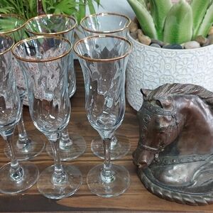 Set Of 6 Royale 24k Gold Rim Champagne Flutes Wine Glasses Hand Decorated 24K